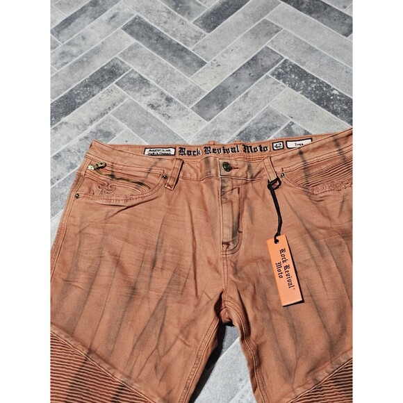 New Rock Revival Men's Distressed Denim Biker Moto Jeans "Ivan" Orange 42x32 - Picture 5 of 13